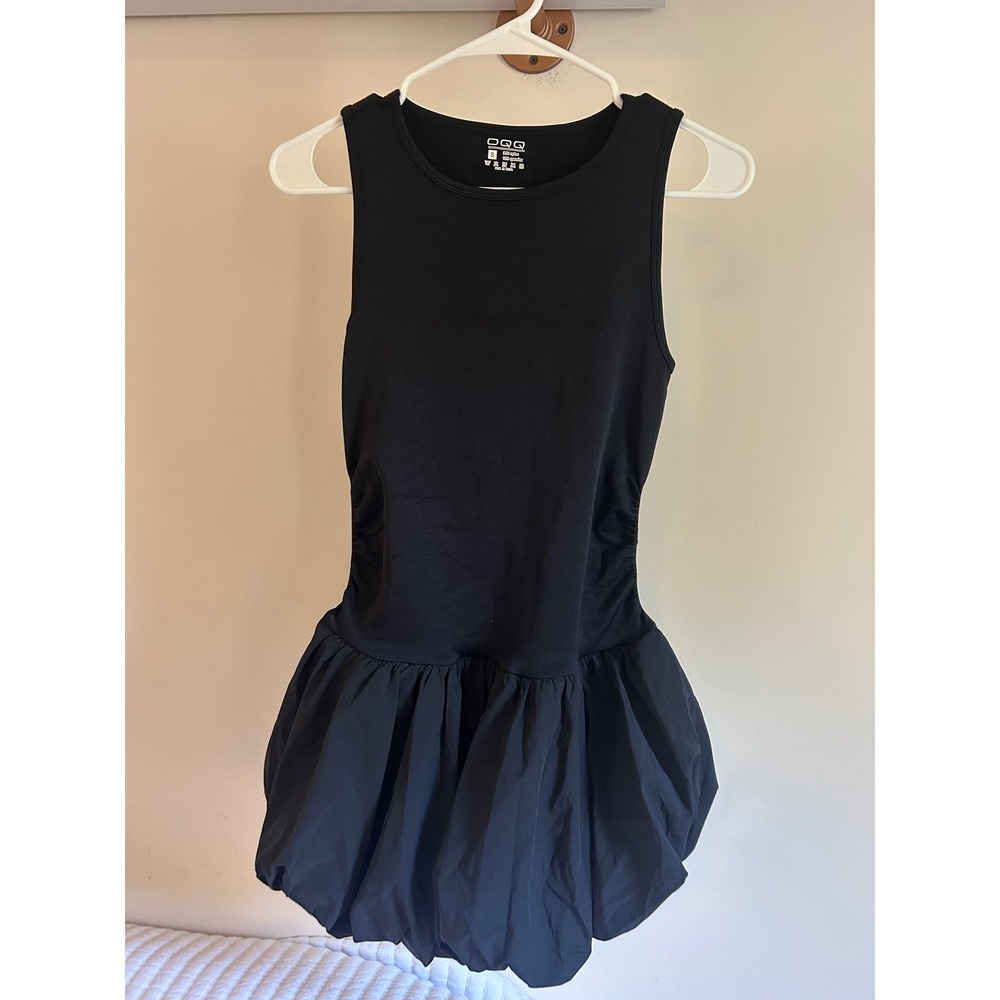 OQQ Black Bubble Hem Mini Dress Sleeveless Ruched Side Bodycon Party